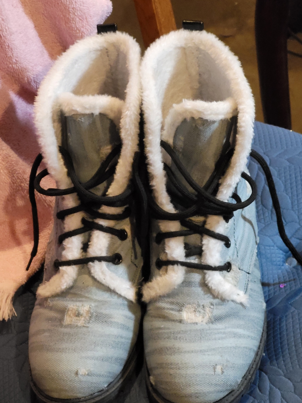 SHEIN Distressed Light Blue Denim Faux-Shearling Lace-Up Ankle Boots